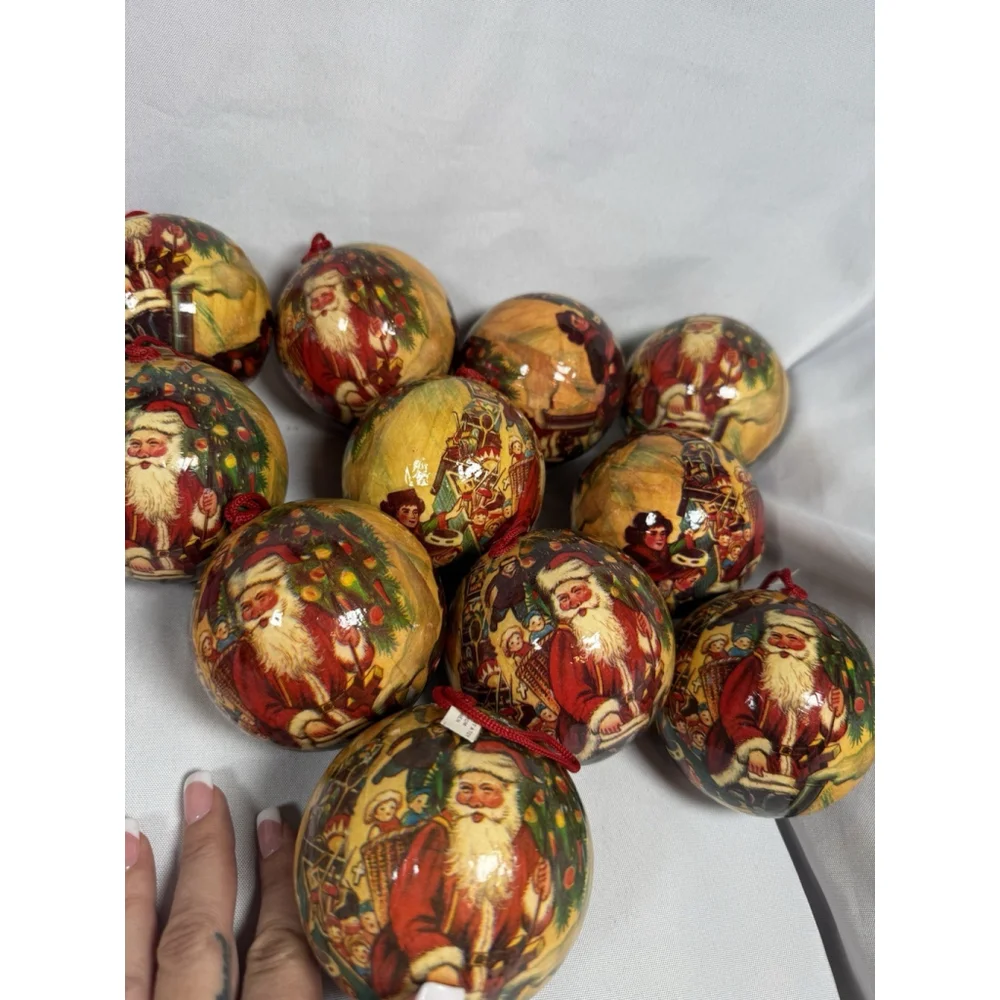 Vintage Paper Mache Christmas Ornament Large Round Santa w/Kids Lot Of 11 RARE